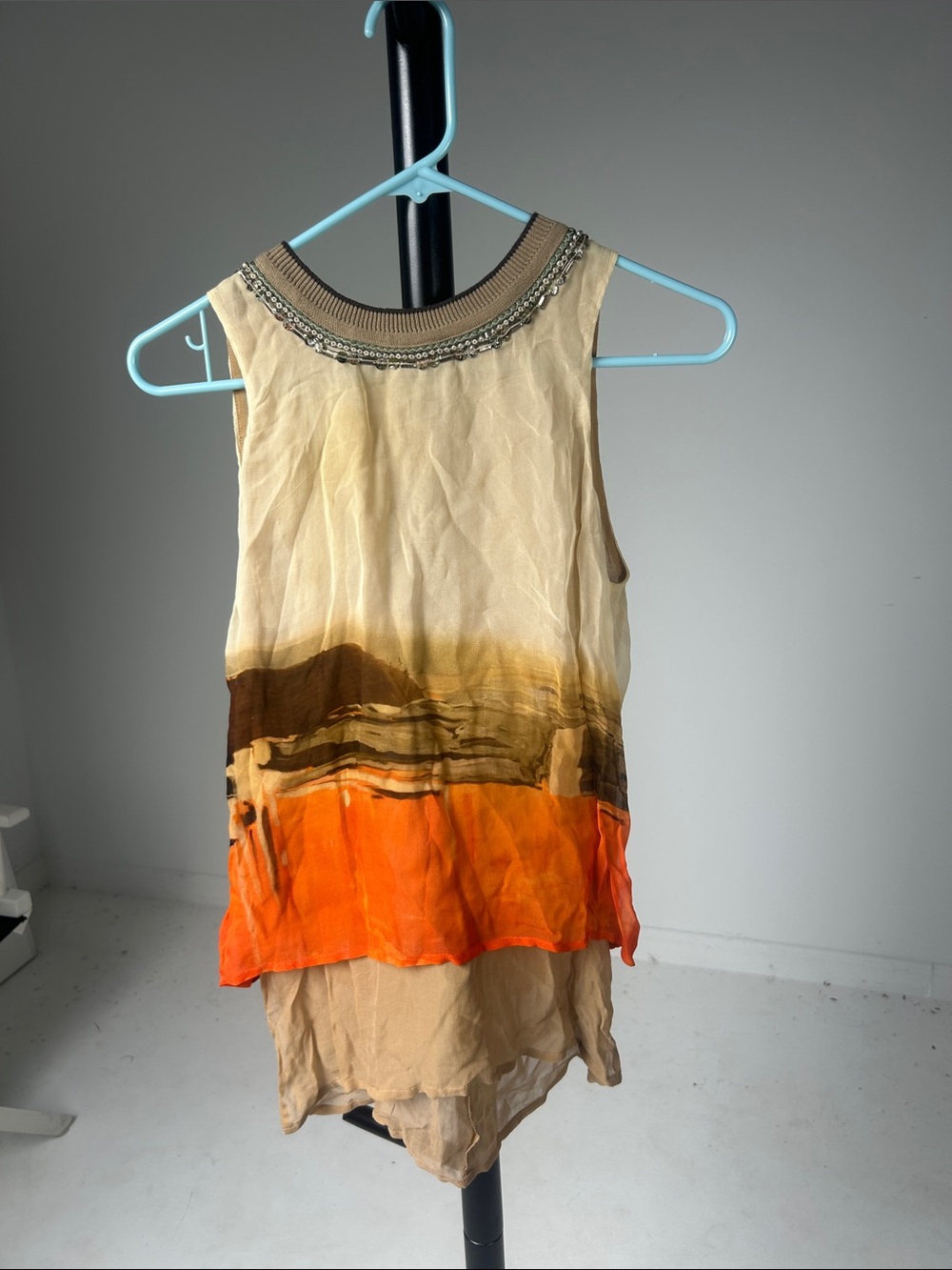 Anthropologie Beaded-Neckline Ombre Tank in Beige, Brown & Orange